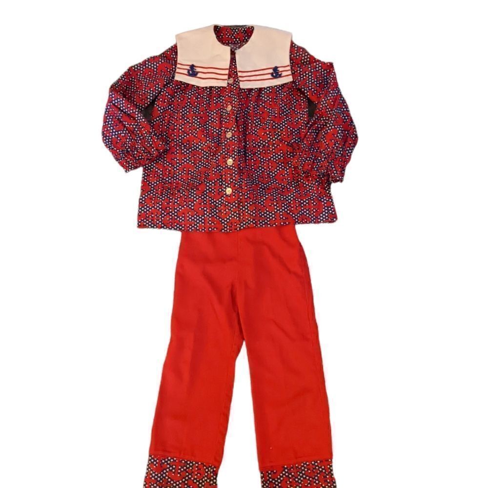 70s 80s Vintage girls 2 piece red blue white handmade nautical outfit‎
